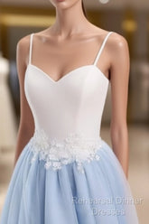 Sweetheart Neck Backless Blue And White Sweep Train Lace Semi Formal Prom Dress, Formal Dress